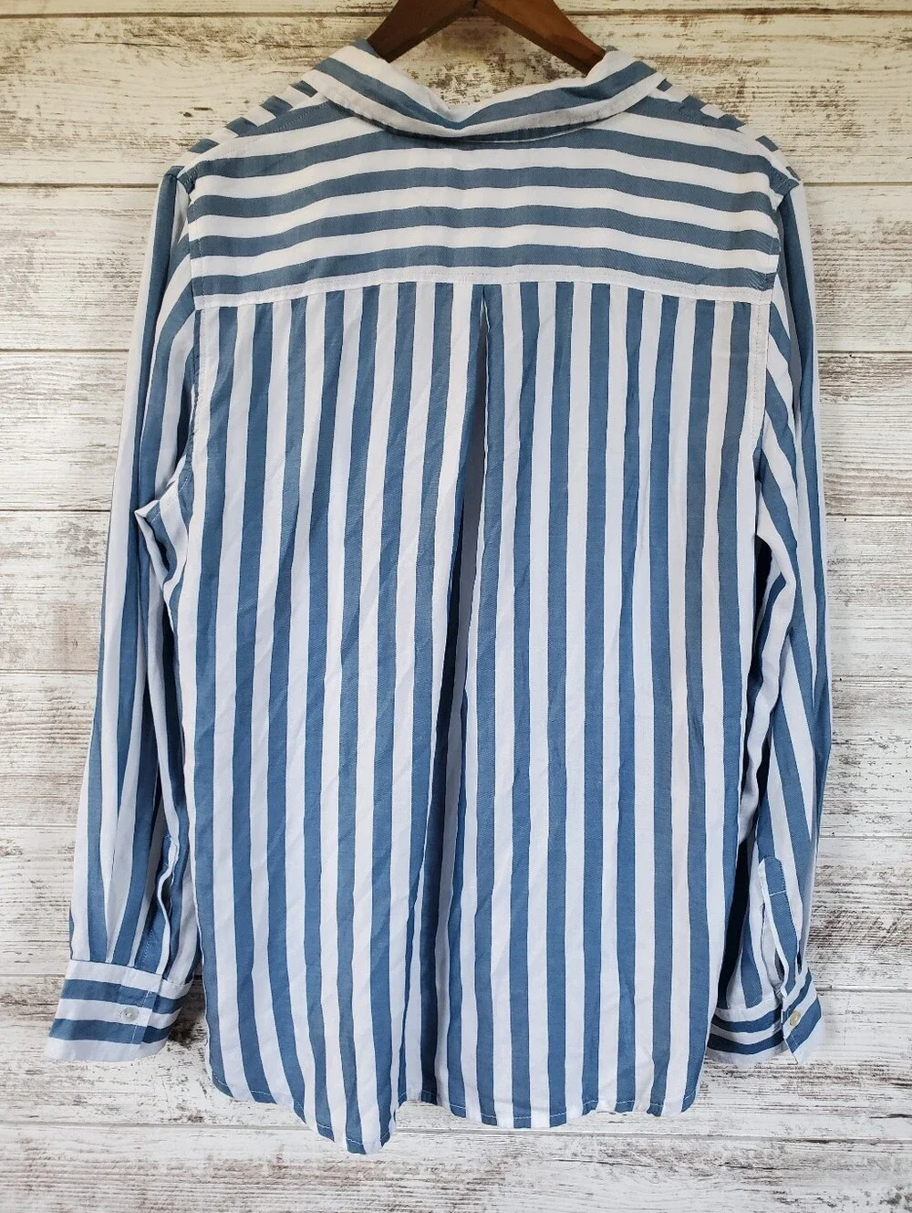 Lola River Popover Shirt Vertical Striped Blue White Button Up Blouse Tencel L - Picture 4 of 13
